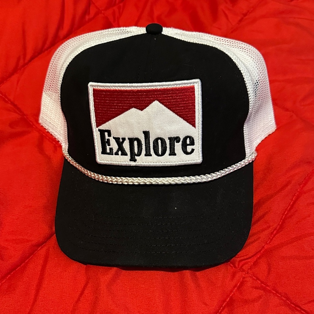 Explore Patch Trucker Hat - Black & White with Red Accent